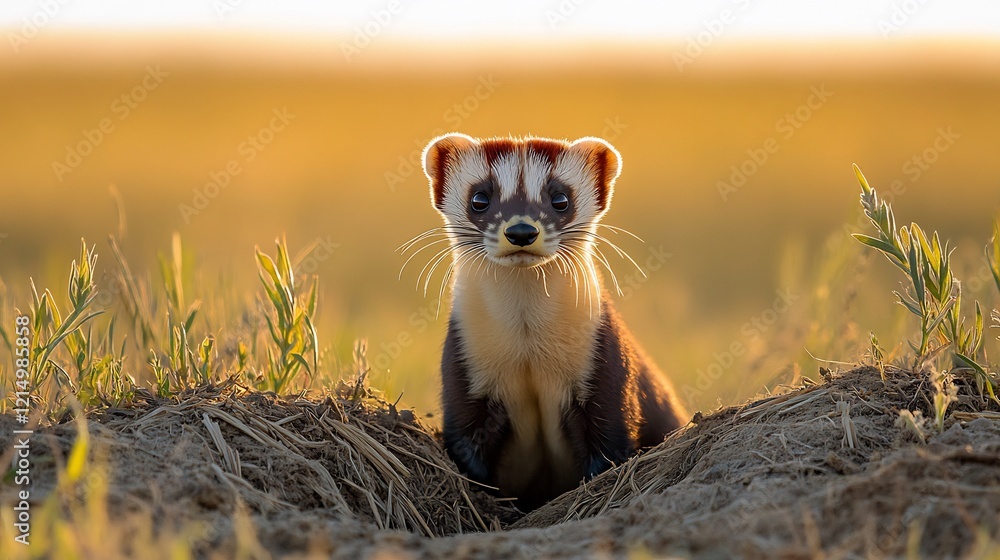 Black footed ferret emerging burrow in the middle of a vast prairie its curious eyes scanning the horizon under a golden morning light captured with a low angle telephoto lens for immersive detail Black footed ferret emerging burrow in the middle of a vast prairie its curious eyes scanning the horizon under a golden morning light captured with a low angle telephoto lens for immersive detail
