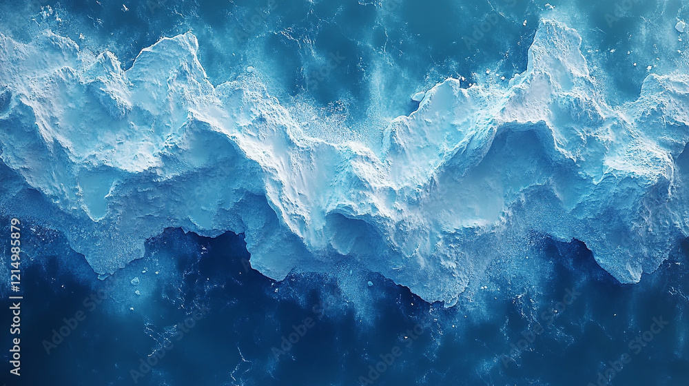 Aerial view of Antarctic ice shelf with small and large snow-covered ice blocks under warm sunlight pastel minimalistic bright tones creating a sense of calm and vast emptiness with blurred background