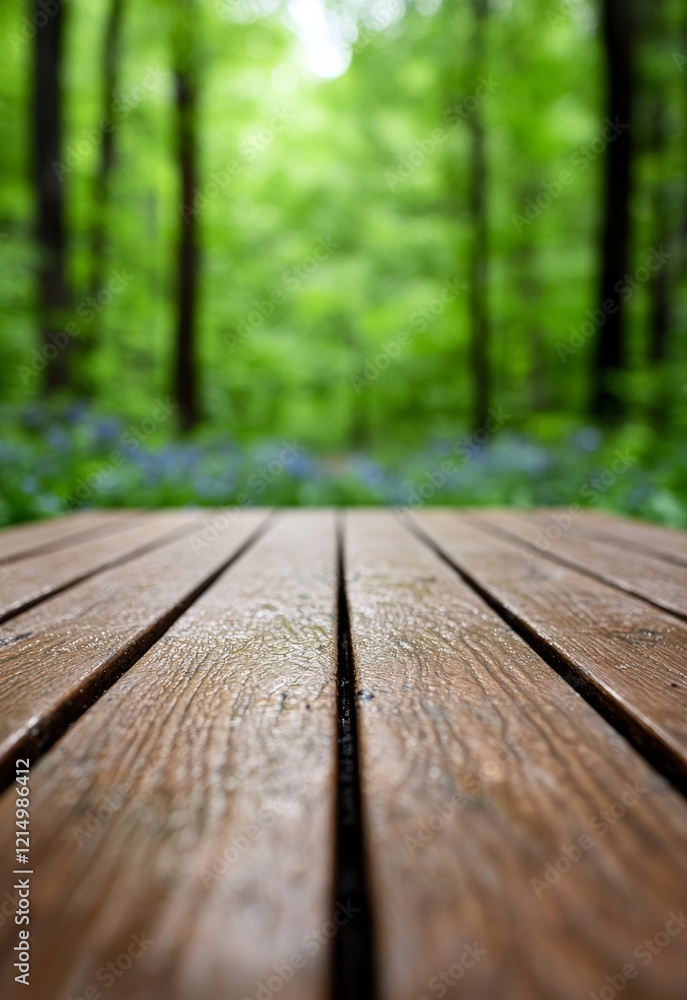 Serene Wooden Platform Surrounded by Vibrant Bluebells in Lush Green Forest Serene Wooden Platform Surrounded by Vibrant Bluebells in Lush Green Forest