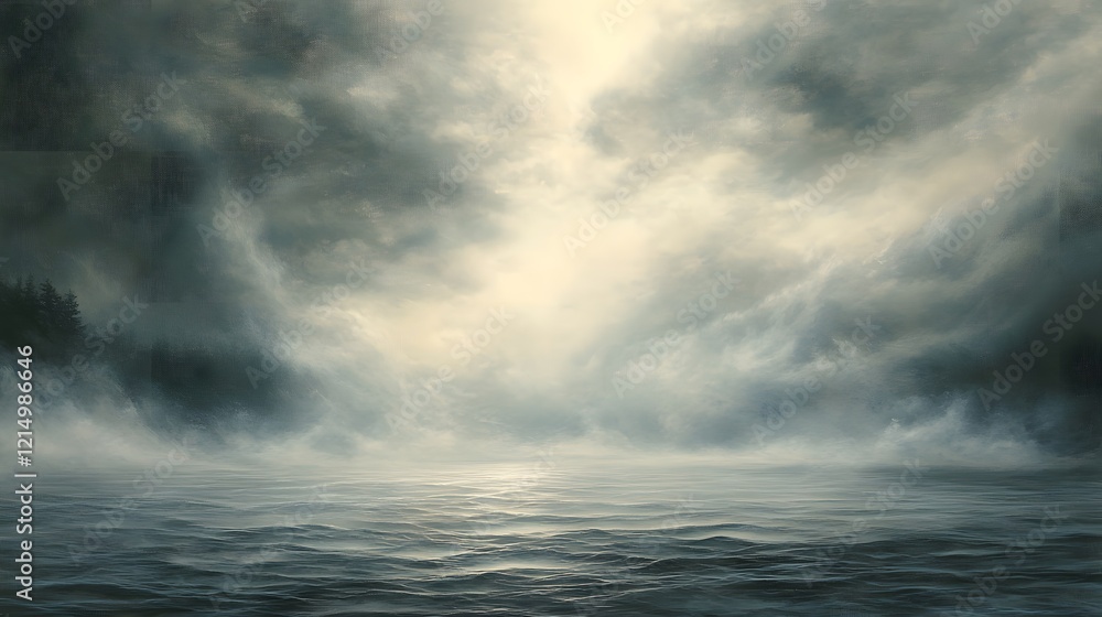 Serene Misty Waters with Dramatic Clouds at Dawn Serene Misty Waters with Dramatic Clouds at Dawn