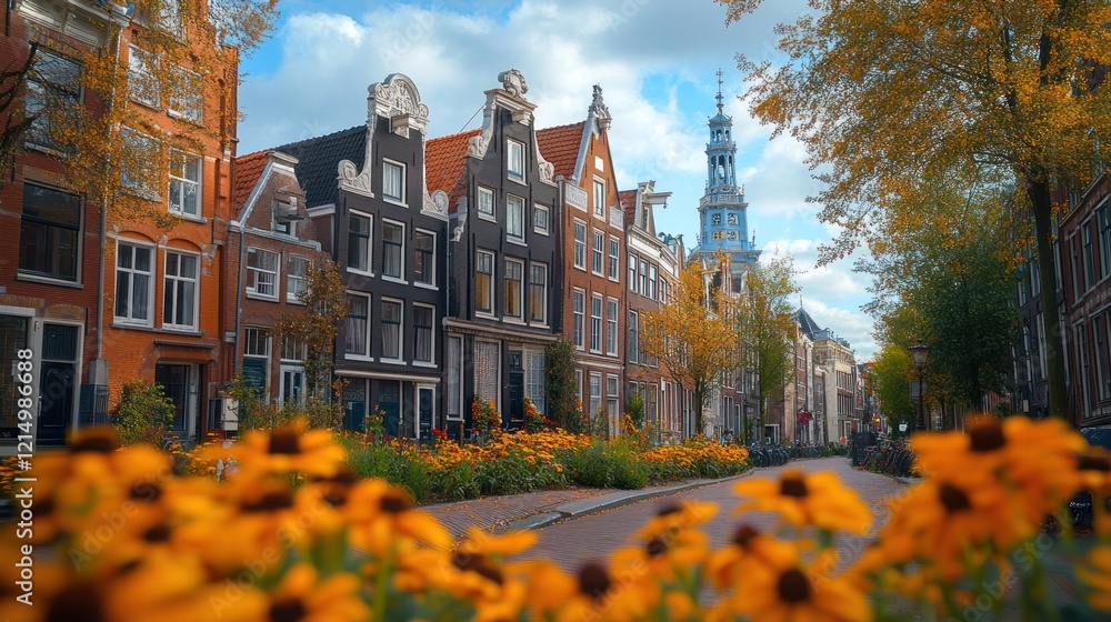 Obraz premium Charming Amsterdam Streetscape with Traditional Buildings and Autumn Flowers Blooming