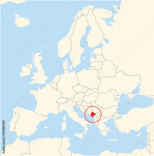 Location Map of the country Montenegro in Europe. The country is highlighted with a red polygon. No labels at all.