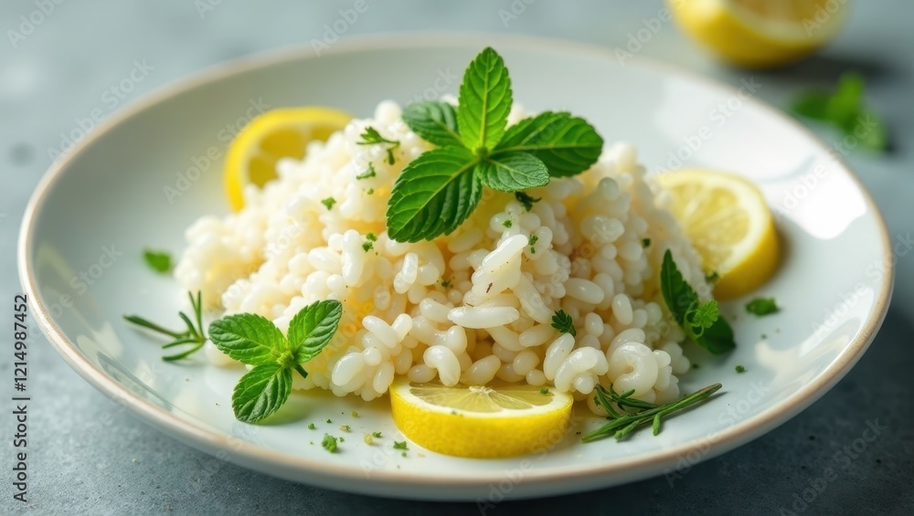 Aromatic Lemon Risotto with Fresh Herbs and Citrus Garnish on Elegant Plate Aromatic Lemon Risotto with Fresh Herbs and Citrus Garnish on Elegant Plate