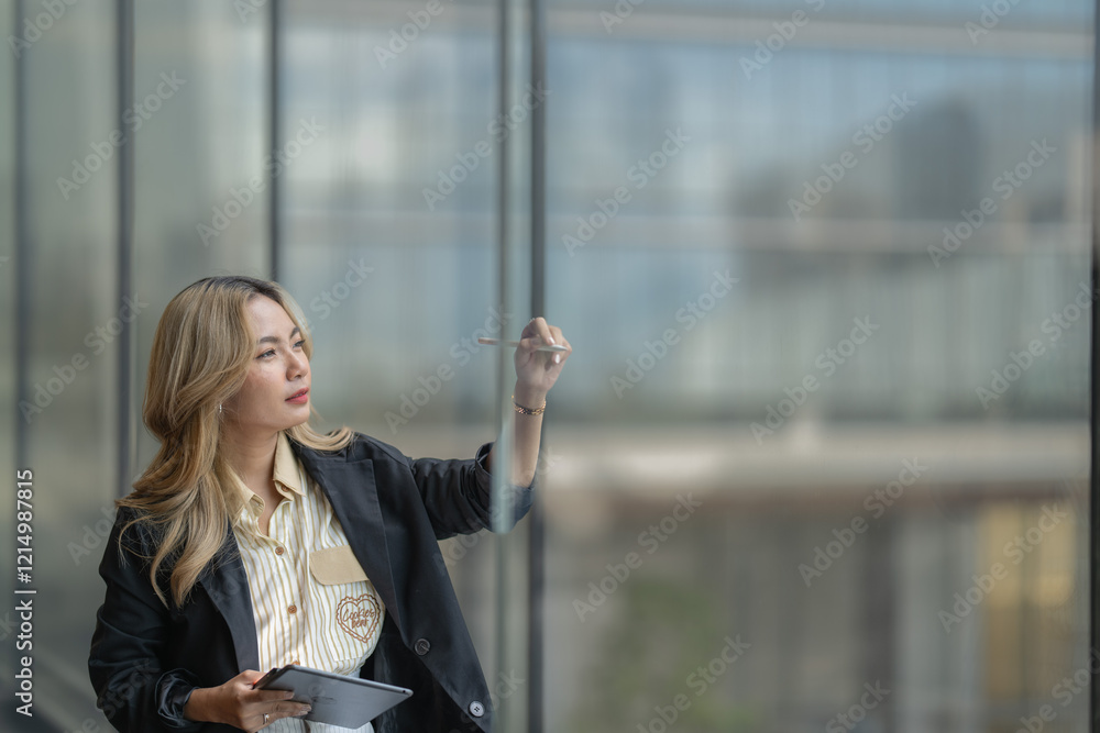Professional woman using a tablet in a bright, modern workspace. Highlighting innovation, digital tools, and ambition within a serene urban setting for business inspiration. Professional woman using a tablet in a bright, modern workspace. Highlighting innovation, digital tools, and ambition within a serene urban setting for business inspiration.