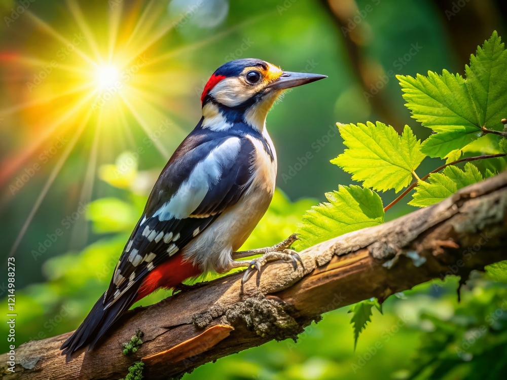 Fototapeta premium Great Spotted Woodpecker on Branch - Aerial View - Wildlife Photography