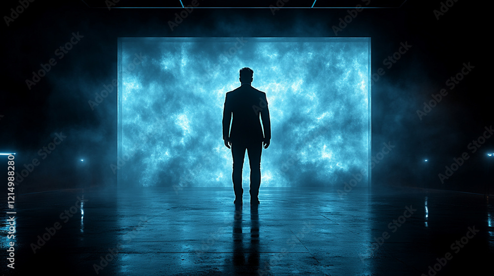 Fototapeta premium A back view silhouette of a man in a space concept background, highlighting the universe, astronomy, and the night sky, with abstract and minimalistic elements, bright tones, and a blurred cosmic atmo