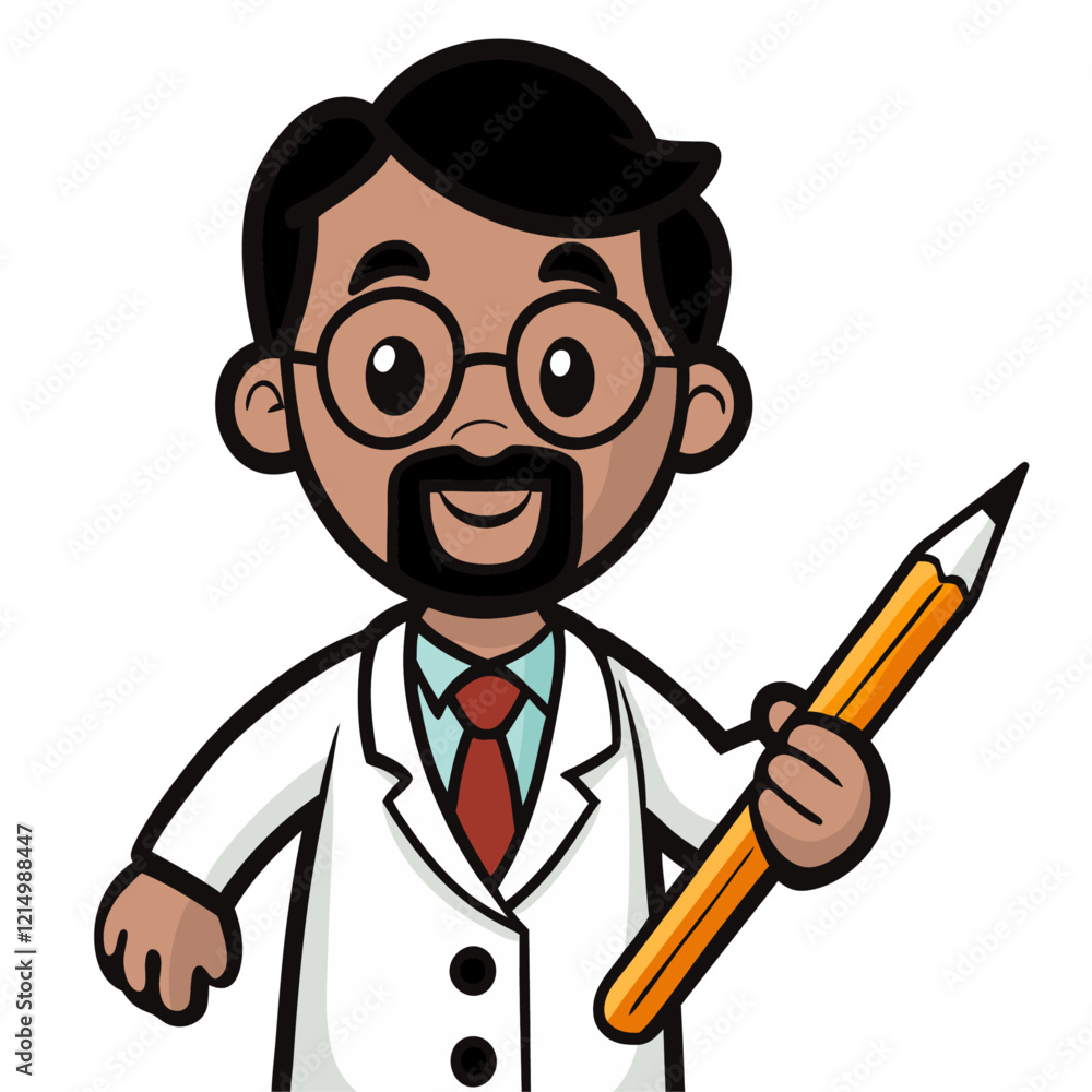 Cute illustration male with beard in white costume holding pencil Cute illustration male with beard in white costume holding pencil