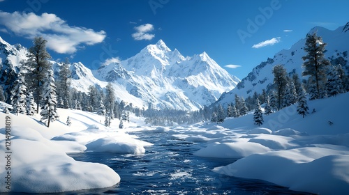 Wallpaper Mural Majestic Winter Landscape with Snowy Mountains and Clear River Scene Torontodigital.ca