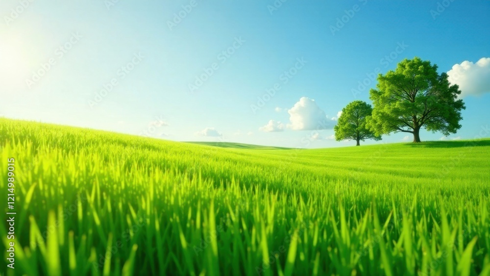 Obraz premium Serene Meadow Landscape Two Majestic Trees Under a Summer Sky, Rolling Green Hills Basking in Sunlight