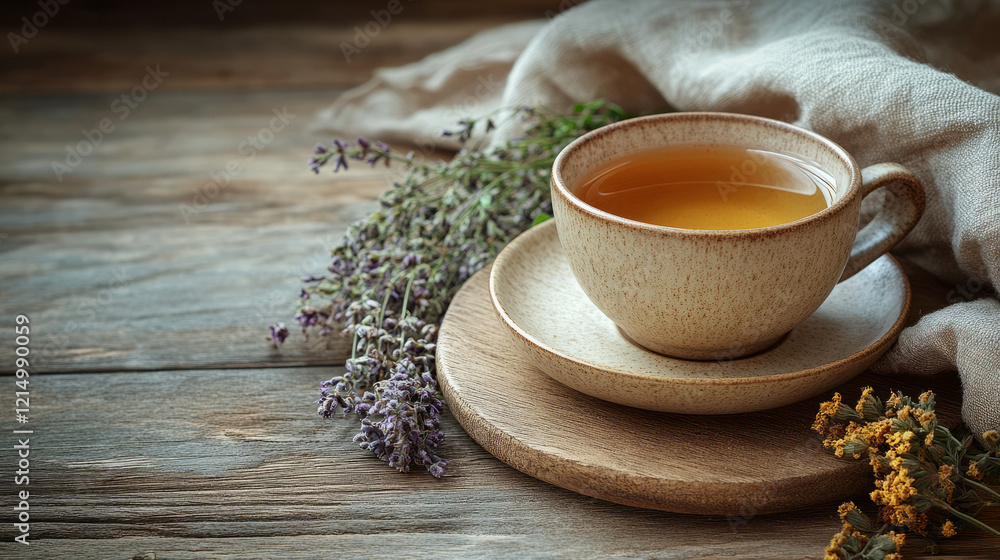 Rustic ceramic tea cup with herbal tea and dried lavender on a textured wooden surface Rustic ceramic tea cup with herbal tea and dried lavender on a textured wooden surface