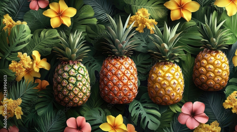 Fototapeta premium Tropical pineapples banner, vibrant flowers, leaves, website design