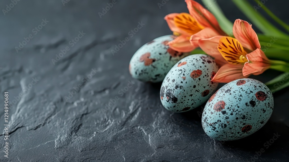 Obraz premium Pastel Blue Easter Eggs and Orange Alstroemeria Flowers on Dark Textured Background