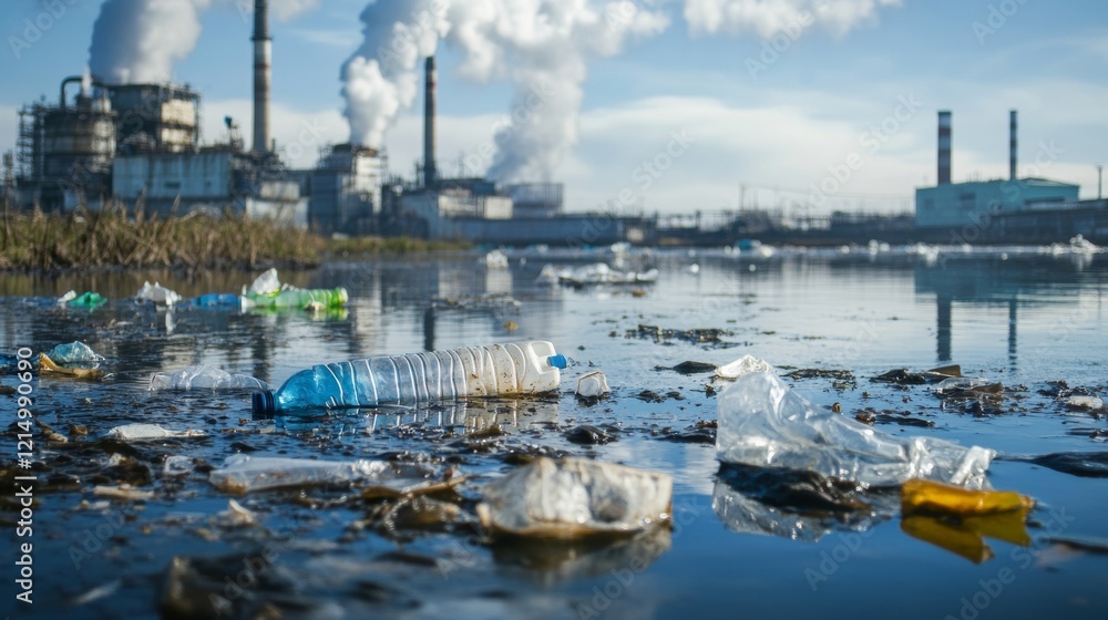 river with plastic and garbage with an industry background river with plastic and garbage with an industry background