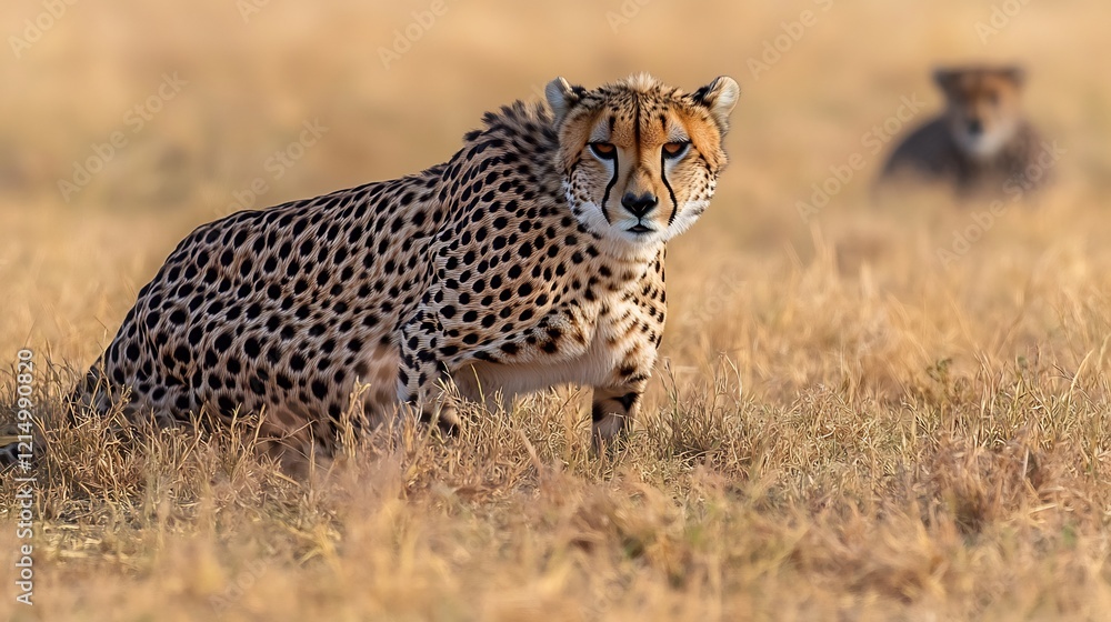 Cheetah crouching low golden savanna grass focused intently prey distance with every muscle tensed and ready to spring captured using a telephoto lens to emphasize the predators stealth and power Cheetah crouching low golden savanna grass focused intently prey distance with every muscle tensed and ready to spring captured using a telephoto lens to emphasize the predators stealth and power