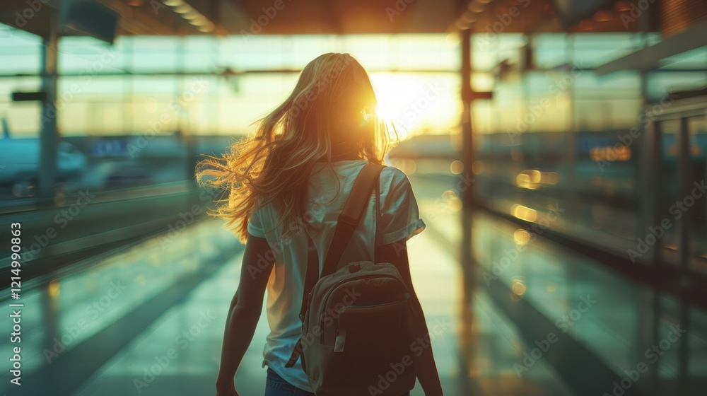woman is seen from behind walking through a modern airport terminal. She carries a small suitcase in one hand. The image conveys a sense of travel, movement, and anticipation. woman is seen from behind walking through a modern airport terminal. She carries a small suitcase in one hand. The image conveys a sense of travel, movement, and anticipation.