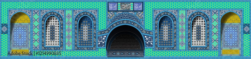 Israa and Miraj, Side Islamic decoration of the Dome of the Rock Mosque with colorful tiled windows, geometric arabesque patterns, and verses from the Holy Quran.