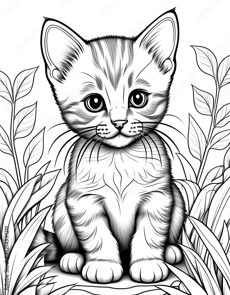 Fototapeta premium Sweet Kitten Portrait Among Tropical Leaves