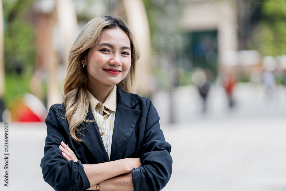 Empowered businesswoman standing confidently with arms crossed in a modern urban backdrop. Great representation of professionalism, leadership, and success in the corporate world. Empowered businesswoman standing confidently with arms crossed in a modern urban backdrop. Great representation of professionalism, leadership, and success in the corporate world.