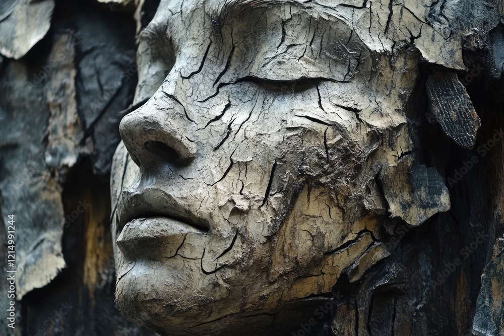 Weathered female face sculpture, cracked texture, serene expression. Weathered female face sculpture, cracked texture, serene expression.