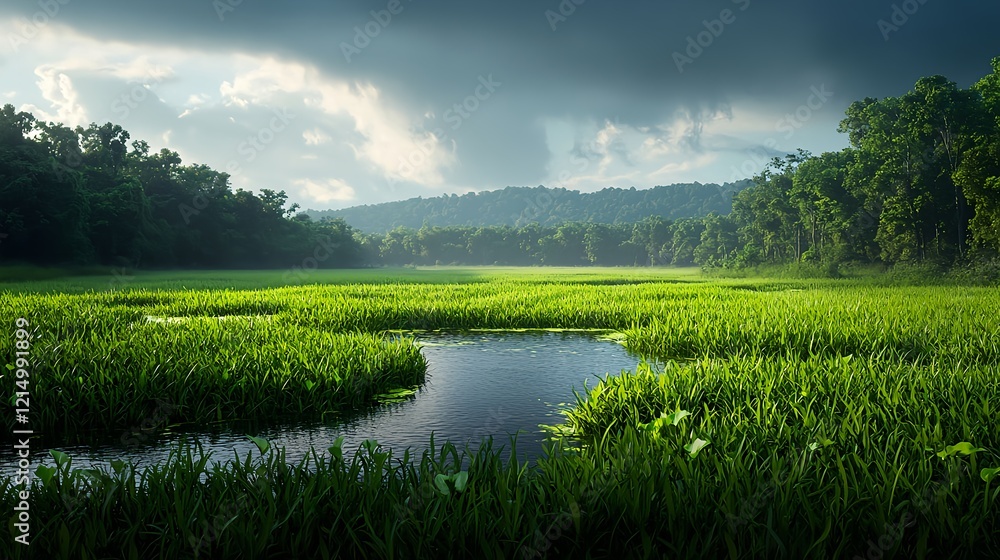 Obraz premium Serene Wetland Landscape with Lush Green Grass and Dramatic Sky