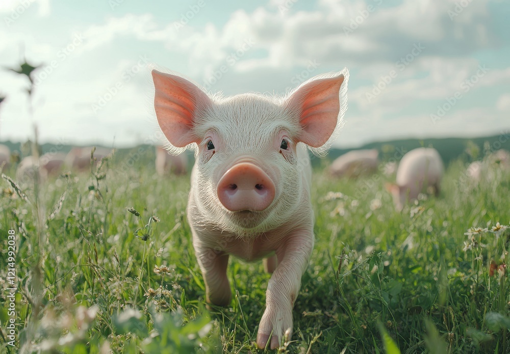 Adorable Piglet Roaming in a Green Pasture Under a Bright Sky Surrounded by Wildflowers and Other Pigs Enjoying a Sunny Day in the Countryside Adorable Piglet Roaming in a Green Pasture Under a Bright Sky Surrounded by Wildflowers and Other Pigs Enjoying a Sunny Day in the Countryside