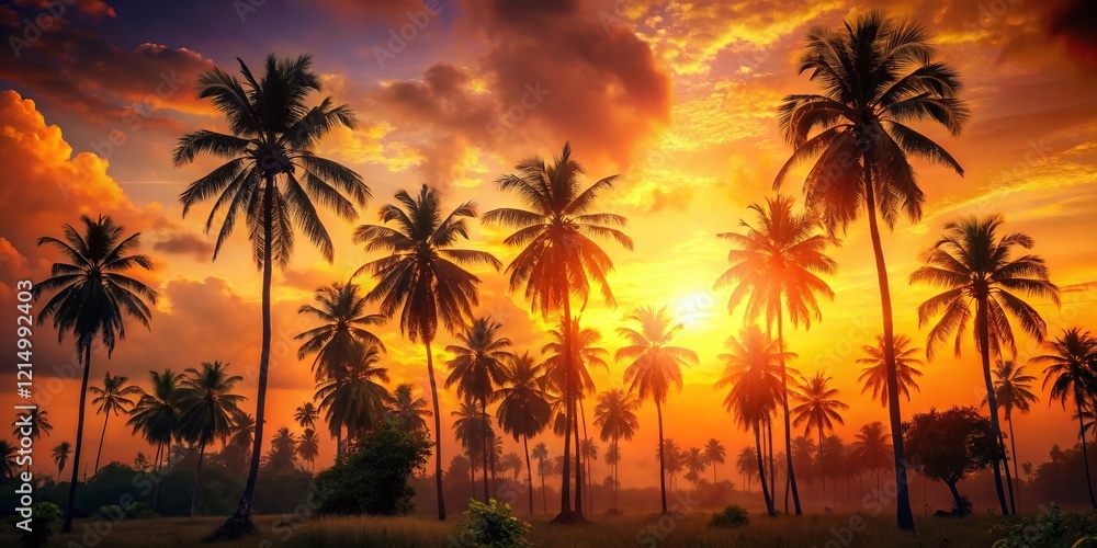 Obraz premium Grunge Tropical Sunset: Palm Trees Silhouette Against African Sky
