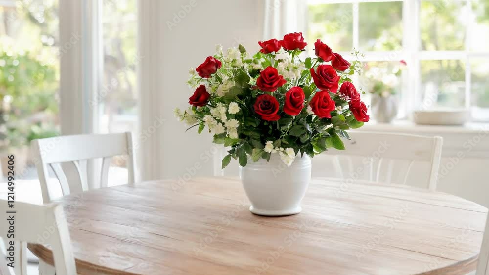 Cozy dining area with mismatched white chairs, a distressed wooden table, and a vase of fresh roses in a pastel room Cozy dining area with mismatched white chairs, a distressed wooden table, and a vase of fresh roses in a pastel room