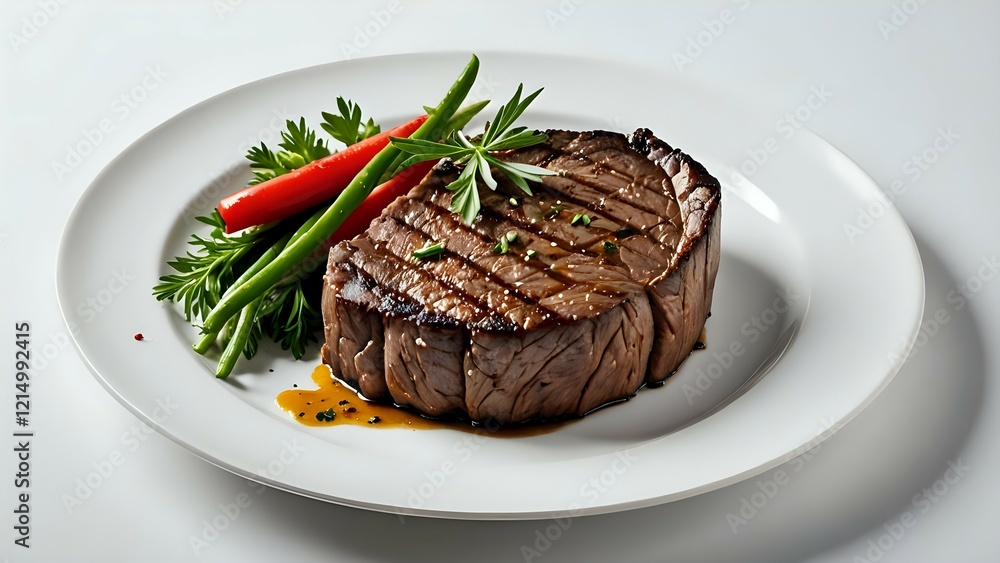 Grilled beef steak on a white plate with green beans and carrots. Perfect for restaurant menus or culinary websites. Grilled beef steak on a white plate with green beans and carrots. Perfect for restaurant menus or culinary websites.