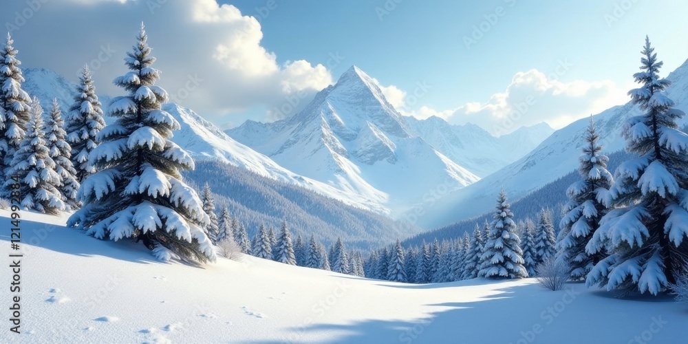 Serene Winter Landscape Snow-Covered Evergreen Trees Adorn a Picturesque Snowy Mountain Range Under a Bright Sky Serene Winter Landscape Snow-Covered Evergreen Trees Adorn a Picturesque Snowy Mountain Range Under a Bright Sky