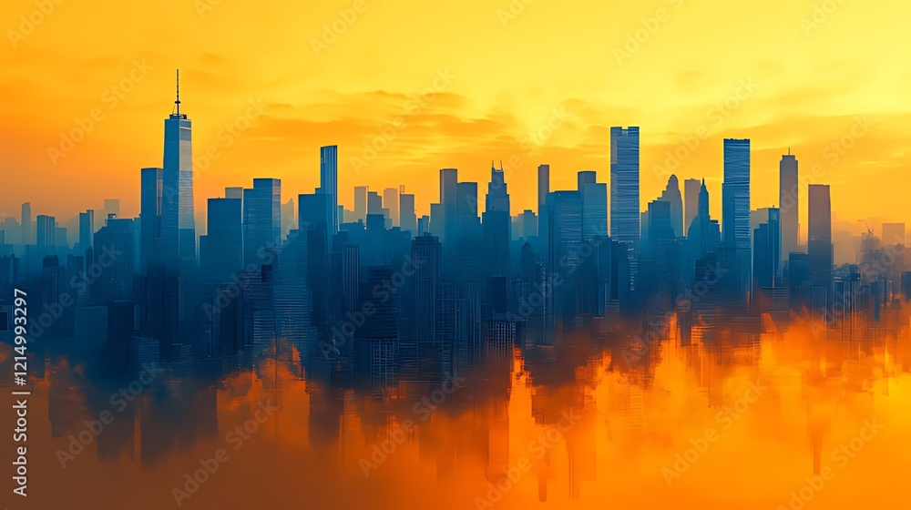 Fototapeta premium Cityscape sunset reflection, hazy urban panorama, aerial view, promotional use