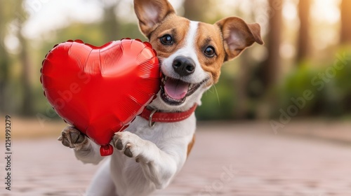 Happy dog jumping with a shiny red heart-shaped balloon outdoors in a vibrant park setting, expressing joy and affection in a playful moment photo