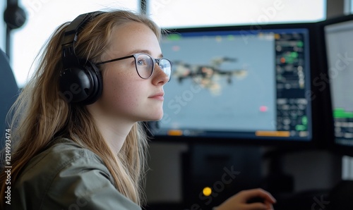 Woman monitoring drones, control room, focused photo