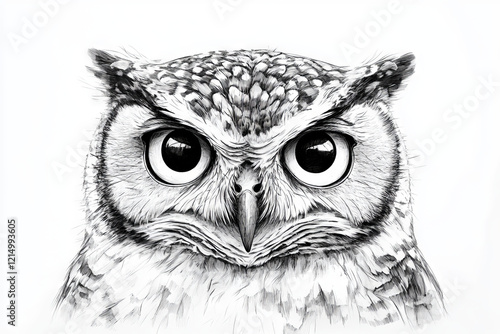 Realistic black and white pencil drawing of an owl with striking eyes and fine feather details
