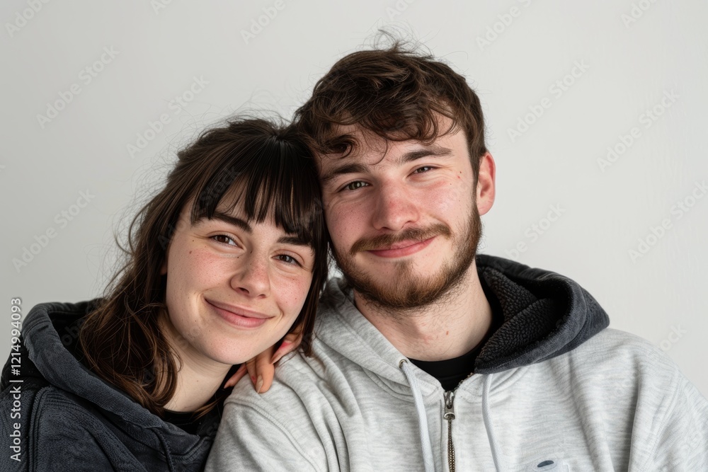 Portrait of a satisfied couple in their 20s wearing a zip-up fleece hoodie in white background Portrait of a satisfied couple in their 20s wearing a zip-up fleece hoodie in white background