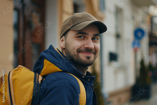 Smiling Mailman Delivering Letters and Parcels in Residential Neighborhood, Generative AI photo