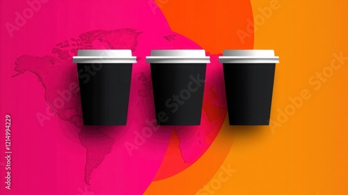 Colorful Background with Three Black Disposable Coffee Cups Featuring a World Map, Perfect for Beverage, Food, Café, or Branding Concepts and Modern Designs photo