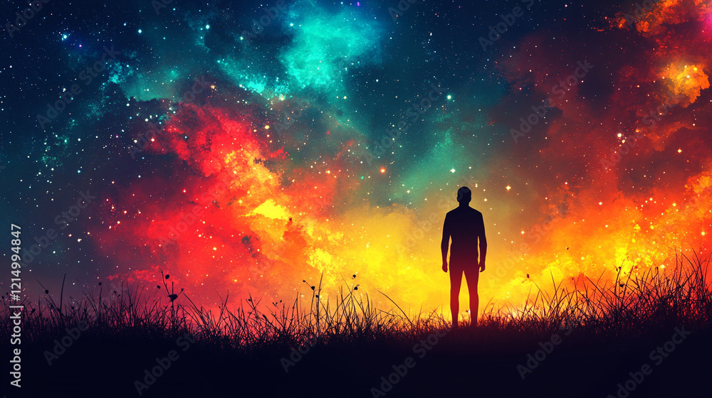 Fototapeta premium A back view silhouette of a man in a space concept background, highlighting the universe, astronomy, and the night sky, with abstract and minimalistic elements, bright tones, and a blurred cosmic atmo