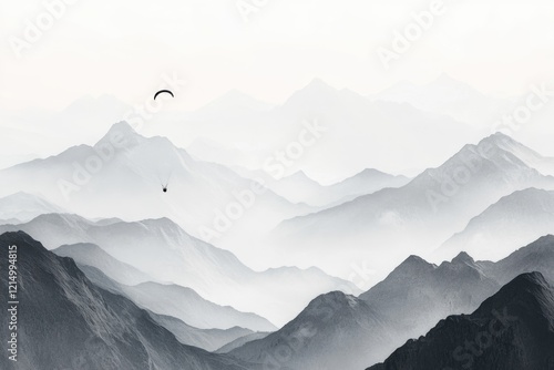 A paraglider soars over a breathtaking range of misty, monochrome mountains.
