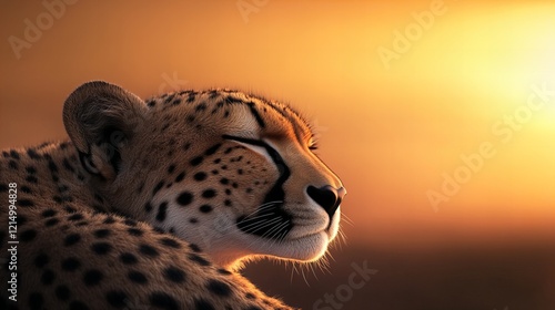 Close-up of a cheetah basking in the warm golden hour light, symbolizing peace, grace, and the beauty of wildlife. Suitable for wildlife promotions, nature photography, or safari-themed projects photo