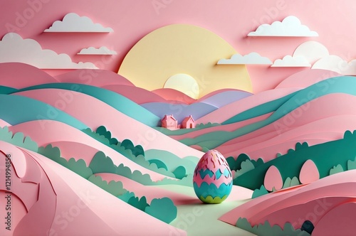 Colorful abstract paper cut easter egg(s) illustration with dreamy fantasy landscape and pastel colors decoration, seasonal holiday, culture and religion theme concept texture design.
 photo