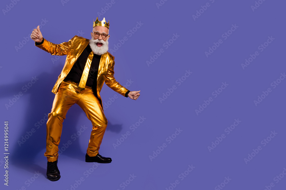 Full body portrait of funny eccentric man empty space ad dance golden shiny suit isolated on purple color background Full body portrait of funny eccentric man empty space ad dance golden shiny suit isolated on purple color background