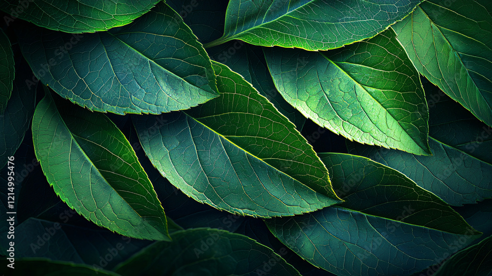 Obraz premium An abstract green leaf texture with overlapping dark and light green patterns, showcasing a sense of movement and softness, evoking a tranquil and deep connection with nature. 