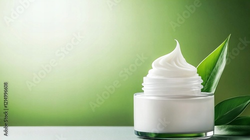 A jar of white cream with green leaves on a vibrant green background, symbolizing natural and eco-friendly skincare. Ideal for promoting beauty and wellness products photo