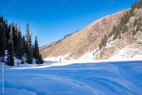 Beautiful winter landscape high in the mountains not far from Almaty, 