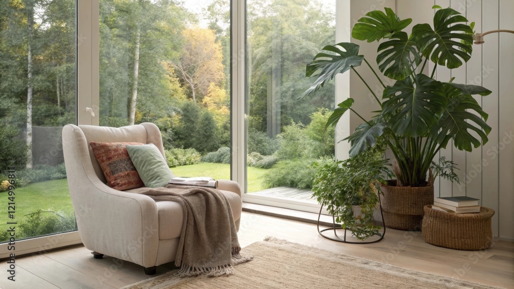 A cozy reading corner boasts a plush armchair beside a leafy monstera where floortoceiling glass doors reveal a breathtaking view of the vibrant flora just outside uniting indoors A cozy reading corner boasts a plush armchair beside a leafy monstera where floortoceiling glass doors reveal a breathtaking view of the vibrant flora just outside uniting indoors