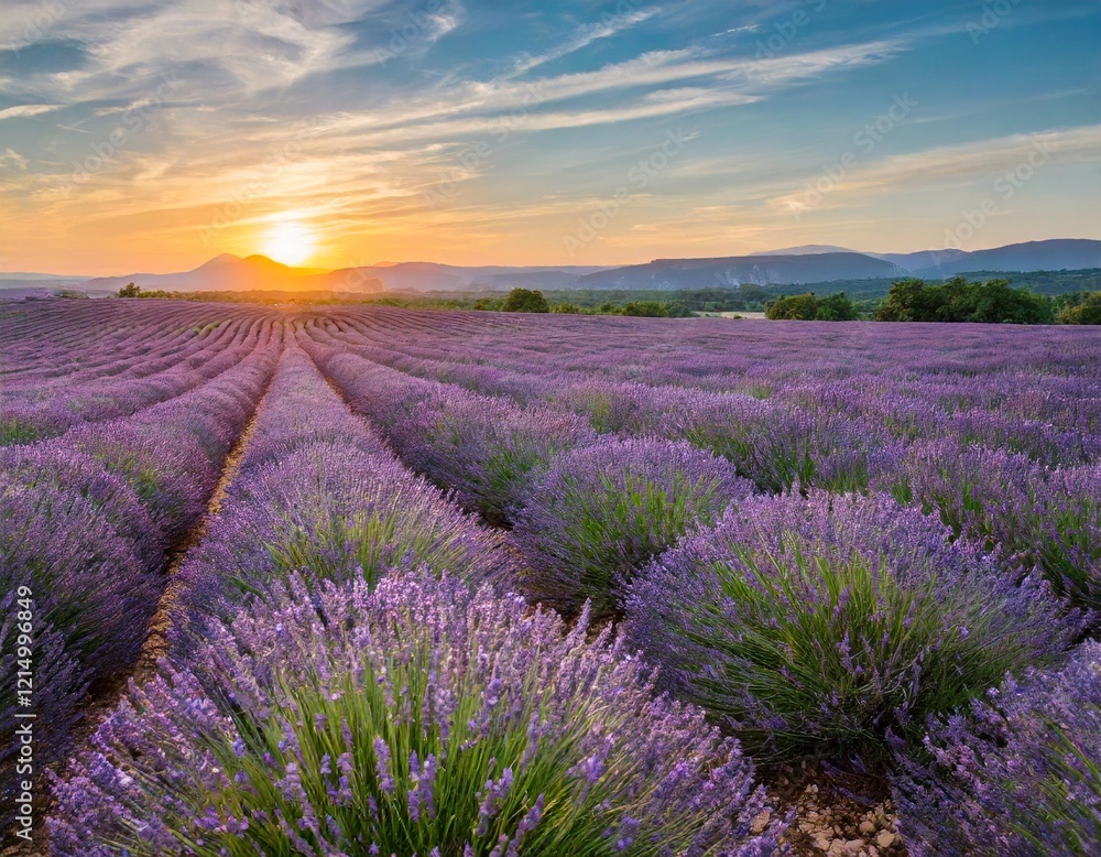 Obraz premium Scenic Sunset Over Violet Lavender Fields in Provence, France, Capturing Summer's Blooming Beauty