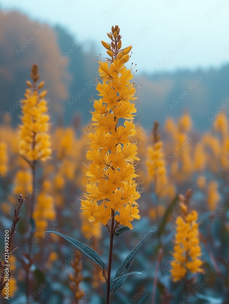 A captivating close-up shot of towering yellow flowers in a field with a soft muted background A captivating close-up shot of towering yellow flowers in a field with a soft muted background