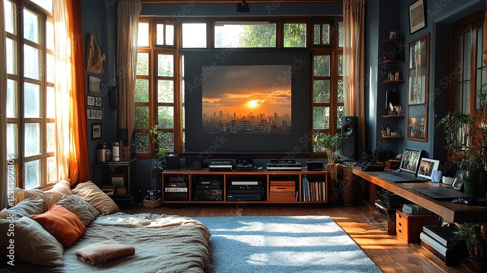 Sunlit Room with Cityscape View and Home Theater System Sunlit Room with Cityscape View and Home Theater System