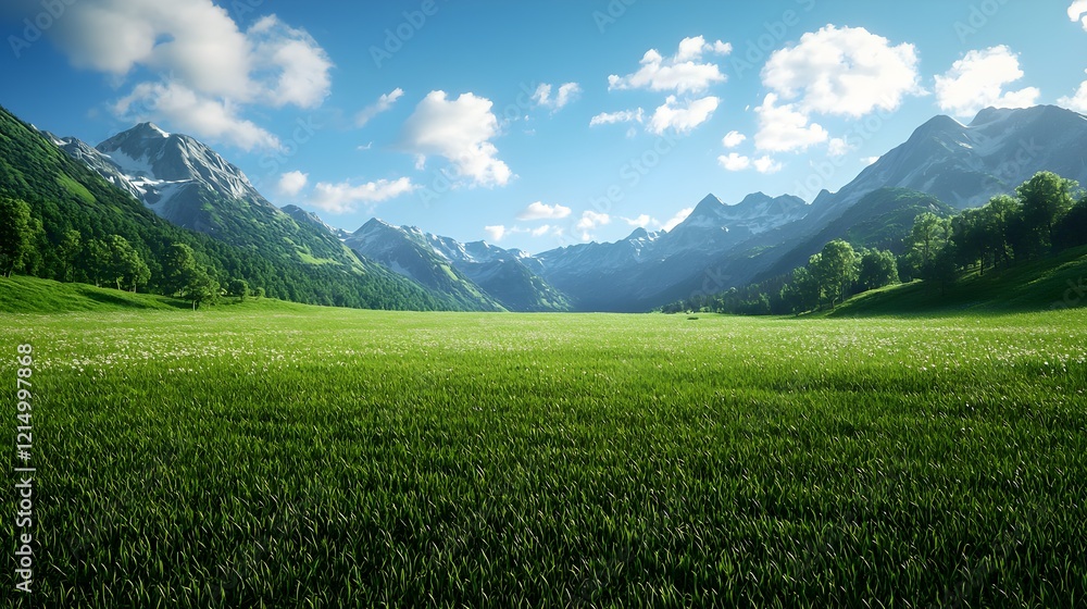 Obraz premium Scenic Mountain Landscape with Lush Green Grass and Blue Sky