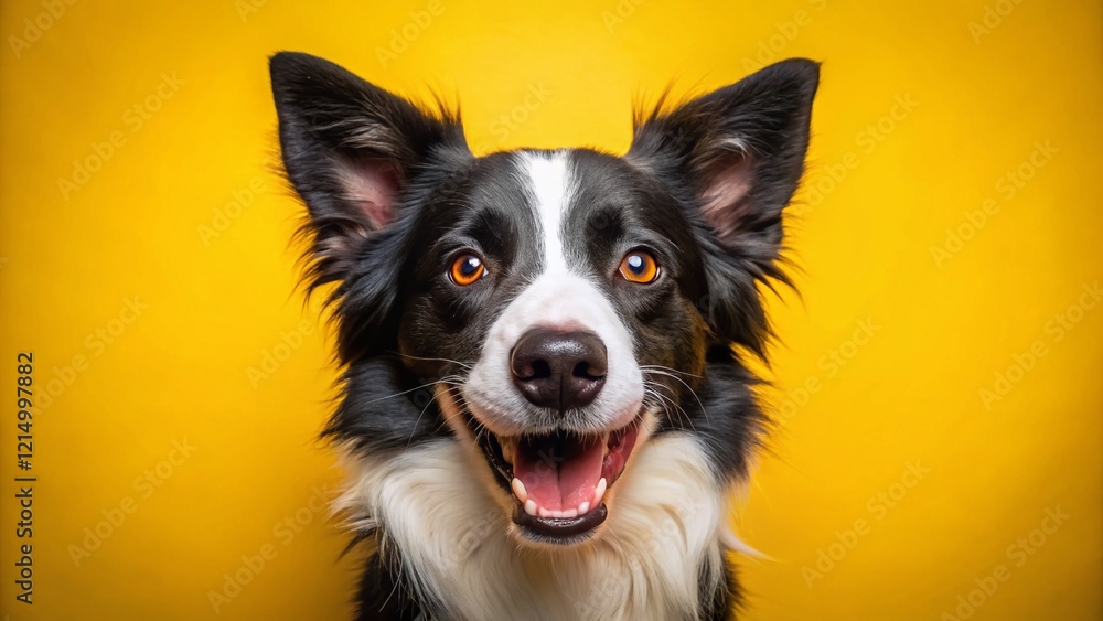 Happy Black Tri Border Collie Dog Portrait, Yellow Background - Aerial View Stock Photo Happy Black Tri Border Collie Dog Portrait, Yellow Background - Aerial View Stock Photo